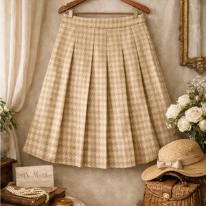 Vintage Houndstooth Pleated Skirt | DeMars | Beige A-Line | Size S 4-6